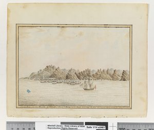 Opp. p. 19. `Santa Cruz Teneriffe DK-i oldalán; Sirius és konvoj az utakon. 1787. június. A csúcs látható résben két másik hegy között, 1802 körül (akvarell) alkotó: William Bradley