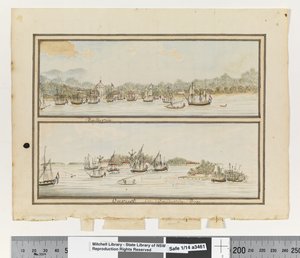 Opp. p. 292. „Batavia” és „Onrust in Batavia Bay”, 1802 körül (akvarell) alkotó: William Bradley