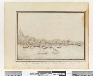 Opp. p. 37. `St. Sebastians városa, Rio Janeiro: Sirius & Convoy at Anchor. 1787