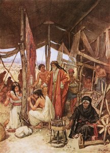 Mózes a Tabernákulum függönyeinek szövését és hímzését vizsgálja alkotó: William Brassey Hole