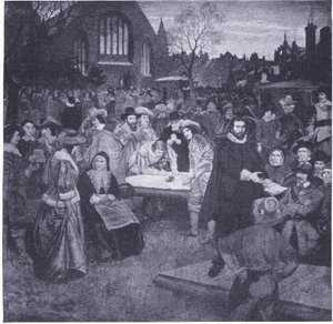 A Nemzeti Egyezségokmány aláírása Greyfriars Churchyardban 1638, Cassells History of the British People, a Waverley Book Company Limited kiadásában, 1940 körül alkotó: William Brassey Hole
