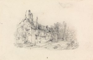 Parasztház templommal a távolban alkotó: William Callow