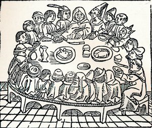 A canterburyi zarándokok leülnek egy közös étkezésre, 1485 alkotó: William Caxton