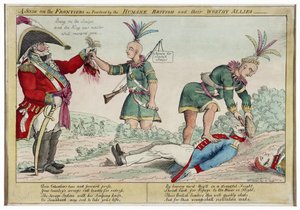 Egy jelenet a határvidéken, ahogyan azt az emberséges britek és méltó szövetségeseik gyakorolják, kiad. 1812 (kézi színes metszet)