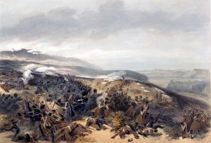 A gárda második vádja, amikor visszaszerezték a két ágyútüteget az inkermani csatában, amelyet Edmond Morin (1824-82) metszett a The Seat of War Keleten - Első sorozatból, kiadó: Colnaghi und