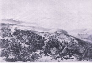 A gárda második rohama, amikor visszafoglalták a két lövegüteget az inkermani csatában, illusztráció a brit szárazföldi és tengeri csatákból, 1915 alkotó: William Crimea Simpson