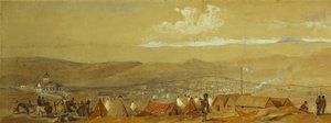 A Krím: Sebastopol panoráma a katonai táborokkal és a kikötővel; és Inkerman panorámaképe, amely egy katonai tábort és lovasságot mutat hajnalban, alkotó: William Crimea Simpson