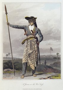Egy jávan a háborús ruhában, pl. 5. kötet, Thomas Stamford Raffles (1781-1826) „The History of Java” pub. 1817 (színes akvatinta)