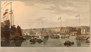 Európai kereskedelmi állomások (Kelet-indiai Társaságok) a kínai Kantonban. Rajzolta és metszette: William Daniell (1769-1837) 1805