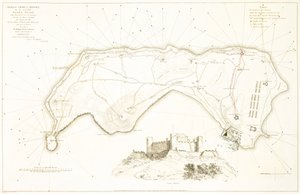 Banda Neira szigetének általános védelmi térképe, 19. század eleje (színes metszet) alkotó: William Daniell