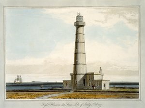 Világítótorony az Orkney-szigeteken, Sandy-sziget, Orkney-szigetek, az 1821-ben kiadott "Utazás Nagy-Britannia körül 1814 és 1825 között" című könyvből. alkotó: William Daniell