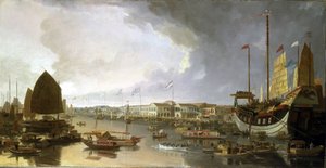 A kantoni (Kína) európai gyárak áttekintése, a Guangdong-folyón (vagy Gyöngy-folyón) való hajózás és a hajók széles választékának leírásával. alkotó: William Daniell