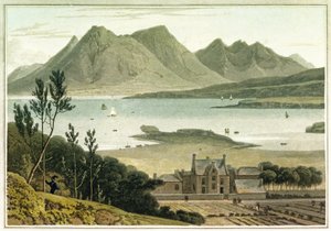 Nyugati nézet Raasay szigetéről (Skócia), egy nagy épület és a hozzá tartozó kertek leírásával. William Daniell (1769-1837) színes metszete. alkotó: William Daniell