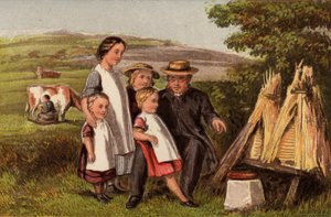 Iparág: család vidéken méhkasokkal (chromolitho)