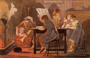 Szombat este: egy család olvas és szórakozik este (chromolitho)