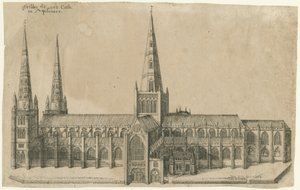 Lichfield katedrális – Déli nézet: rézmetszet, nd [?17. század közepe]