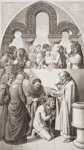 Ethelbert kenti király (kb. 552-616) megkeresztelkedése St. Augustine által Canterburyben 597-ben, az „Az angol és skót történelem illusztrációi” I. kötetből