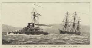 A HMS Devastation a HMS Thetist a máltai kikötőbe vontatta alkotó: William Edward Atkins