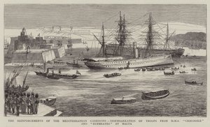 A földközi-tengeri helyőrségek megerősítése, csapatok kiszállása a HMS Crocodile és Euphrates-ból Máltán alkotó: William Edward Atkins