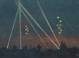 Keresőlámpák bombatámadás közben (akvarell papíron) alkotó: William Ernest Buchanan