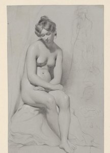 Ülő meztelen női modell magas frizurával, mellé ismét vázlatosan alkotó: William Etty