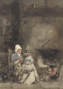 Nő és gyermek kandalló mellett, 1842 (wc grafit fölött, papíron)