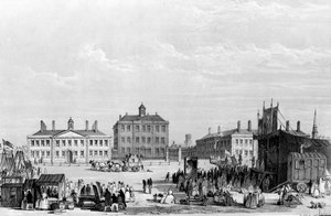 Old Liverpool Infirmary and Alms-Houses, John Cooke cirkuszával az előtérben, 1826 körül