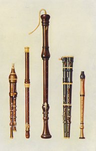 Hangszerek: Két dupla flageoletta, egy német furulya és két flutes douces (színes litográfia).