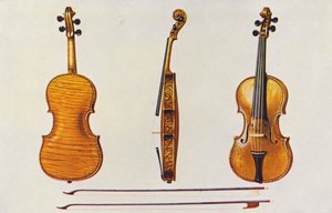 Hangszerek: Hellier Stradivari hegedű és két régi, furulyás vonó (színes litográfia).