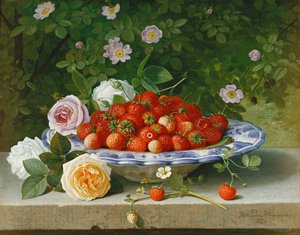 Szamóca kék-fehér buckeltellerben, rózsákkal és édes Briar párkányon, 1871 alkotó: William Hammer