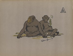 A betű: Esztétikus emberszabású majmok, akik rendellenesen apatikus magatartást tanúsítanak (színes litho) alkotó: William Hammond