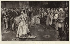 Őfelsége szalonja a Buckingham-palotában, a bemutató pillanata