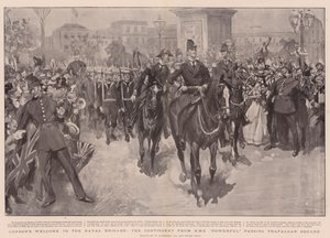 London Üdvözöljük a Haditengerészeti Brigádban, a HMS Erőteljes kontingense a Trafalgar Square mellett