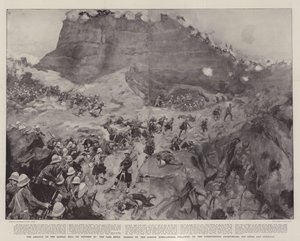 Október 20-án a Dargai-hegy támadása, a hágót a Gordon Highlanderek rohanták le, majd a dorsetshire-iek, a derbyshire-iek, a 3. szikhek és a gurkhák. alkotó: William Hatherell