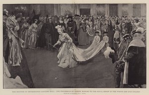 Devonshire hercegné jelmezbálja, a vendégek körmenete a királyi csoport előtt a Fehér és Arany Szalonban, 1897