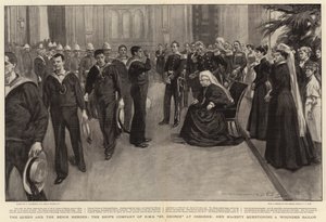 A királynő és a benini hősök, a H M S St George Hajótársasága Osborne-ban, Őfelsége egy megsebesült tengerészt kérdez ki