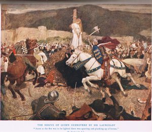 Sir Lancelot Guenevere királynő megmentése, illusztráció az Arthur királyból