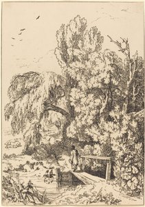 Táj fákkal, lány átkelő gyaloghídon alkotó: William Havell