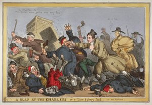 "Egy pofon a Charley-knál vagy egy Tom und Jerry pacsirta, videó: New Police Bill", 1829 (kézzel színezett rézkarc) alkotó: William Heath