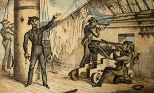 Tengerészgyalogosok akcióban egy azonosítatlan hadihajó fedélzetén, 1835 körül (kézzel színezett rézkarc) alkotó: William Heath