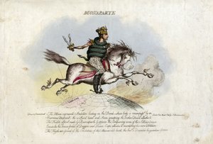 Napóleon az Ambitionon vágtat, egy ló szárnyakkal a lábán a földkerekség felett alkotó: William Heath