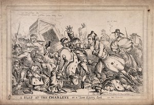 Robert Peel ökölvívóként, aki éjszakai őröket támad meg azzal a szándékkal, hogy helyükre a rendőrséget állítsa. Paul Pry (W. Heath) metszete.