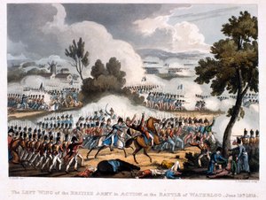 A brit hadsereg bal szárnya akcióban a waterlooi csatában, Thomas Sutherland metszet, 1815 (színes akvatinta) alkotó: William Heath