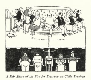 Egy méltányos részesedés a tűzből mindenki számára a hideg estéken (litho) alkotó: William Heath Robinson