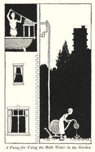 Szivattyú a fürdővíz használatához a kertben (litho) alkotó: William Heath Robinson