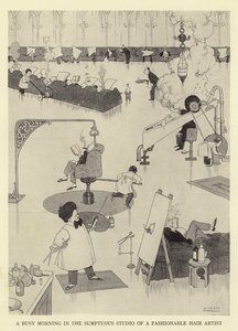 Egy mozgalmas reggel egy divatos fodrász pazar stúdiójában alkotó: William Heath Robinson