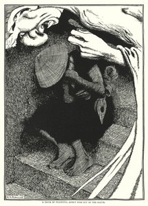 A földből egy ijesztő arculatú dzsinn emelkedett ki (metszet) alkotó: William Heath Robinson