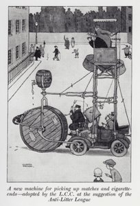 Az LCC által az Anti-Litter League (litho) javaslatára elfogadott új gép gyufa- és cigarettavégek felszedésére alkotó: William Heath Robinson