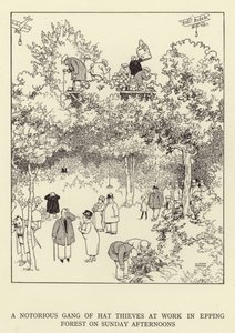 Egy hírhedt kalaptolvajbanda dolgozik az Epping Forestben vasárnap délután alkotó: William Heath Robinson