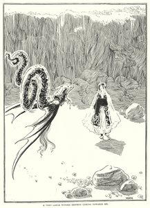 Egy nagyon nagy szárnyas kígyó jön felém (metszet) alkotó: William Heath Robinson